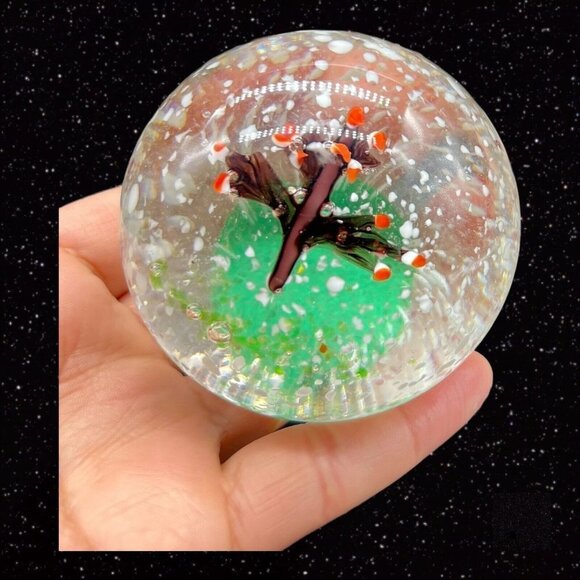 Art Glass Paperweight Cherry Tree w White Dots Round Sphere Vintage Glass 2.5”W - Picture 3 of 12